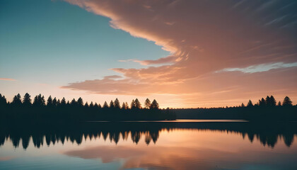 Fototapeta premium A serene sunset landscape: the silhouette of a pine forest reflects in the smooth water of a lake, and the sky is painted in soft hues of orange, pink, and teal.
