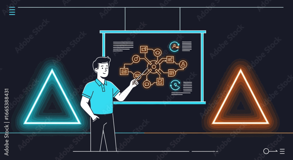 Poster presentation of a business strategy, man explaining a process on a digital screen