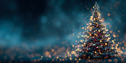 Christmas tree adorned with colorful lights and ornaments, glowing in a winter night atmosphere, creating a festive and magical holiday ambiance with copy space