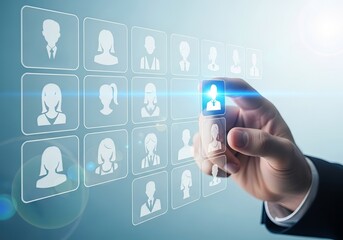 A business professional selecting a profile from a digital display of user icons, symbolizing network connections.