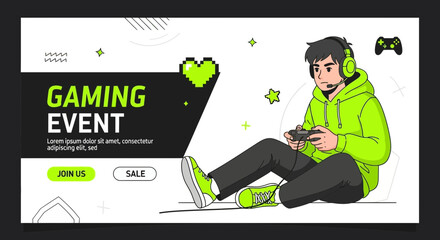 Vibrant gaming event promotion featuring a focused player immersed in a virtual world