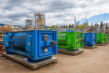 Array of Heavy Industrial Machines in Blue and Green, Ready for Deployment