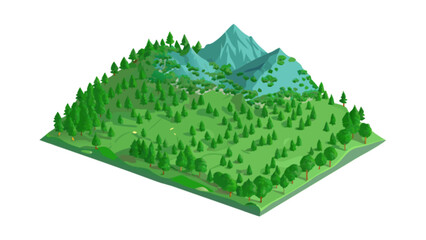 Isometric view of a mountain landscape with dense forest and a golf course on a sunny day scene © Shahid
