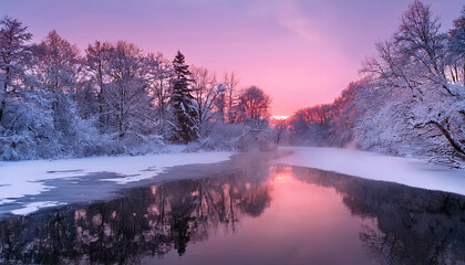 Naklejka premium Panoramic russian winter landscape with forest beautiful frozen river at sunset scenery with winter trees water and blue sky at twilight frosty snowy river snow 