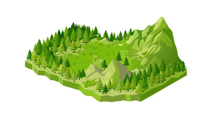 Isometric landscape featuring a mountain range and dense forest with vibrant green vegetation