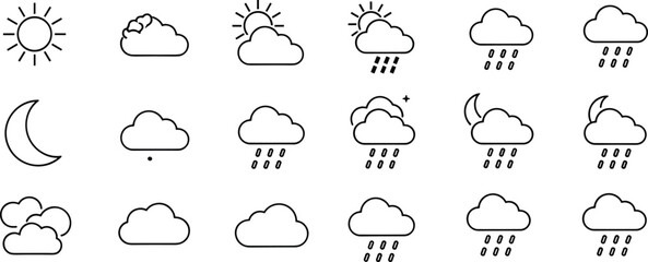 Weather icon set, sun cloud rain moon stars, forecast symbols, climate conditions, vector pack, minimal style, flat design
