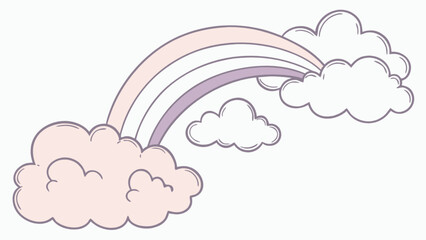 Pastel rainbow with three bands arching between fluffy clouds on a white background design element