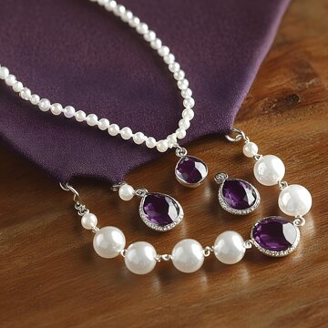Elegant Pearl and Amethyst Jewelry Set Necklace Earrings