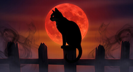 A black cat sits on a fence post with a large red moon in the background on a dark night scene