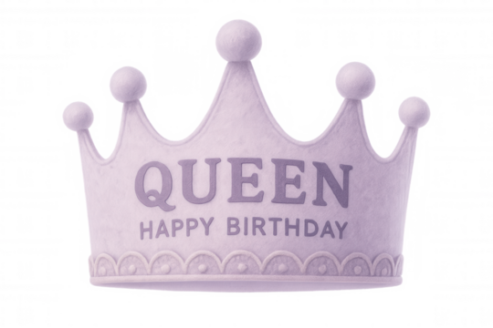 Purple felt birthday crown featuring regal lettering, sitting on transparent background, celebrating royal party moment