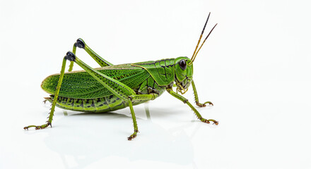 Fototapeta premium Close-up studio shot of a green grasshopper on a white background