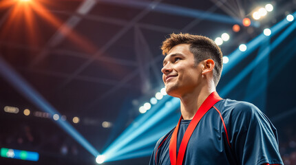 Proud young male athlete wearing a gold medal celebrates his victory and success on a brightly lit stadium stage. A champion sports event winner with a triumphant smile.