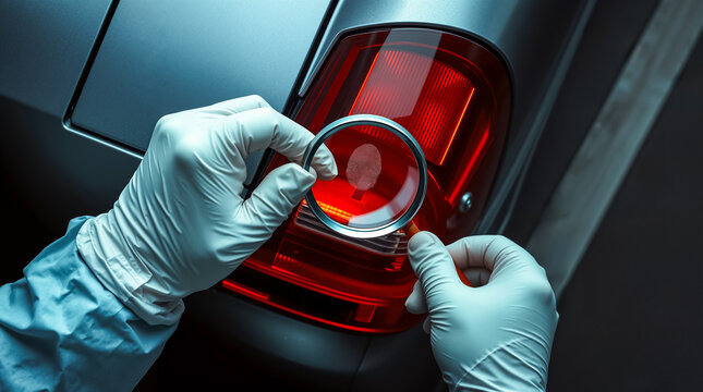 Forensic expert in protective gloves using a magnifying glass to examine a fingerprint on a red car taillight during a crime scene investigation, highlighting crucial evidence.