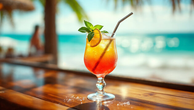 Close-up of vibrant summer cocktail at beachside bar, tropical luxury