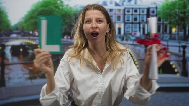 Woman smiles holding learner sign and rolled certificate with red ribbon on street by canal in amsterdam; pride celebration.