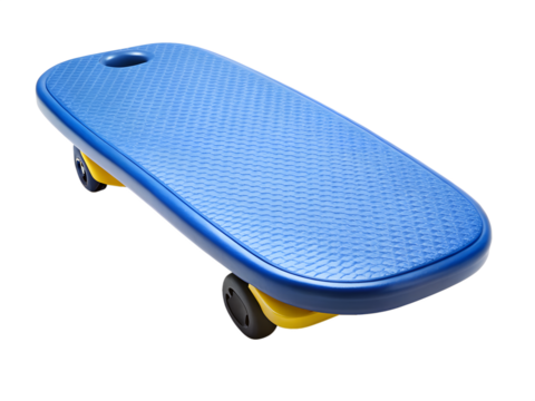 Blue plastic balance board with yellow wheels, isolated on transparent background