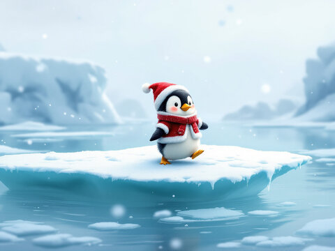Adorable Christmas Penguin In Santa Hat And Scarf Walking On Snowy Ice Floe, Winter Holiday Concept.
