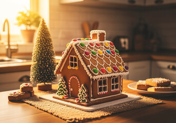 Cozy Gingerbread House With Colorful Candies And Icing On A Kitchen Counter, Surrounded By Christmas Decorations And Baked Cookies, Perfect For Holiday Season Concepts.