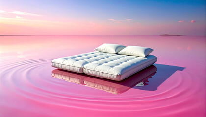Double bed floating in the pool, comfortable mattress and pillows, tranquility and beauty of sunset, summer vacation concept.