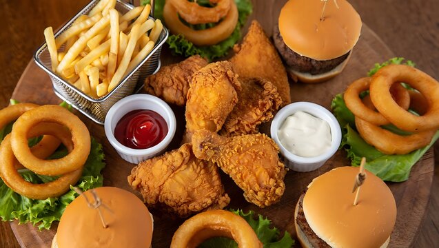 Delectable feast of American cuisine with crispy fried chicken juicy sliders golden onion rings and salty french fries served with flavorful dipping sauces for a satisfying meal