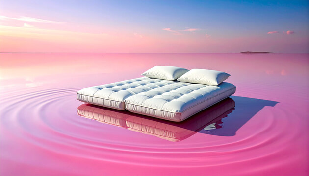Double bed floating in the pool, comfortable mattress and pillows, tranquility and beauty of sunset, summer vacation concept.