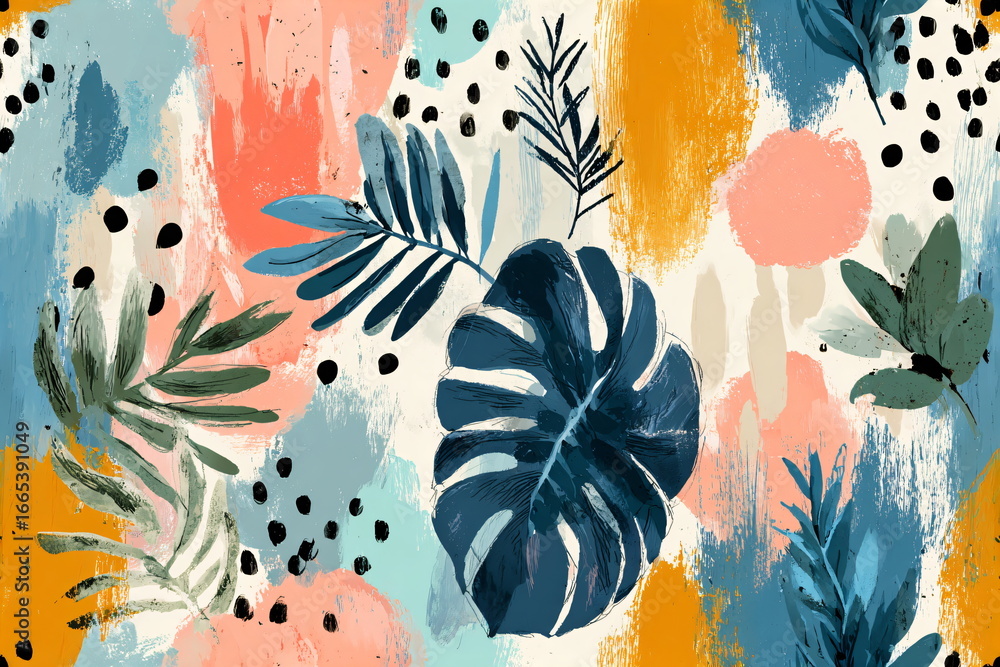 Aufkleber abstract background with tropical leaves and colorful brush strokes. modern botanical pattern for te