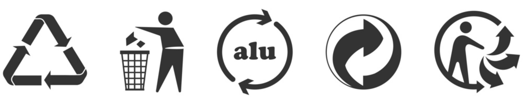 Recycling symbols, packaging ecology, triman, tidyman, recyclable alu, mobius, loop, green dot icons set in grey color. Trash bin, green point, aluminium, ecofriendly, packaging, recycle 