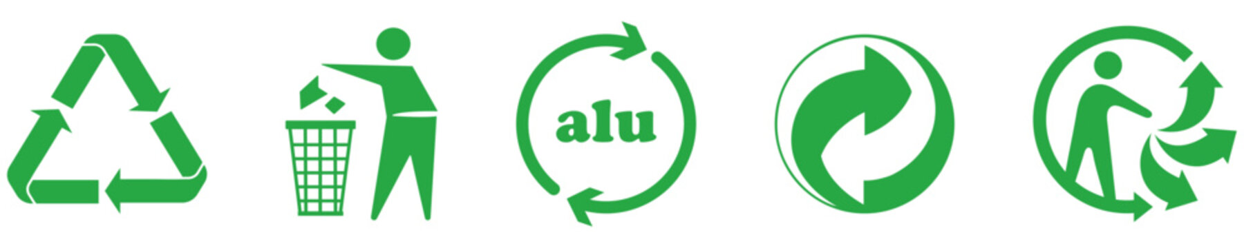 Recycling icon, packaging ecology, triman, tidyman, recyclable alu, mobius, loop and green dot icon set. Recycling icons set for packaging waste. Aluminium, green point, rubbish, ecology, packaging 