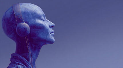 Woman's head made of electronic circuit board with headphones listening to music. Concept of artificial intelligence and digital audio.
