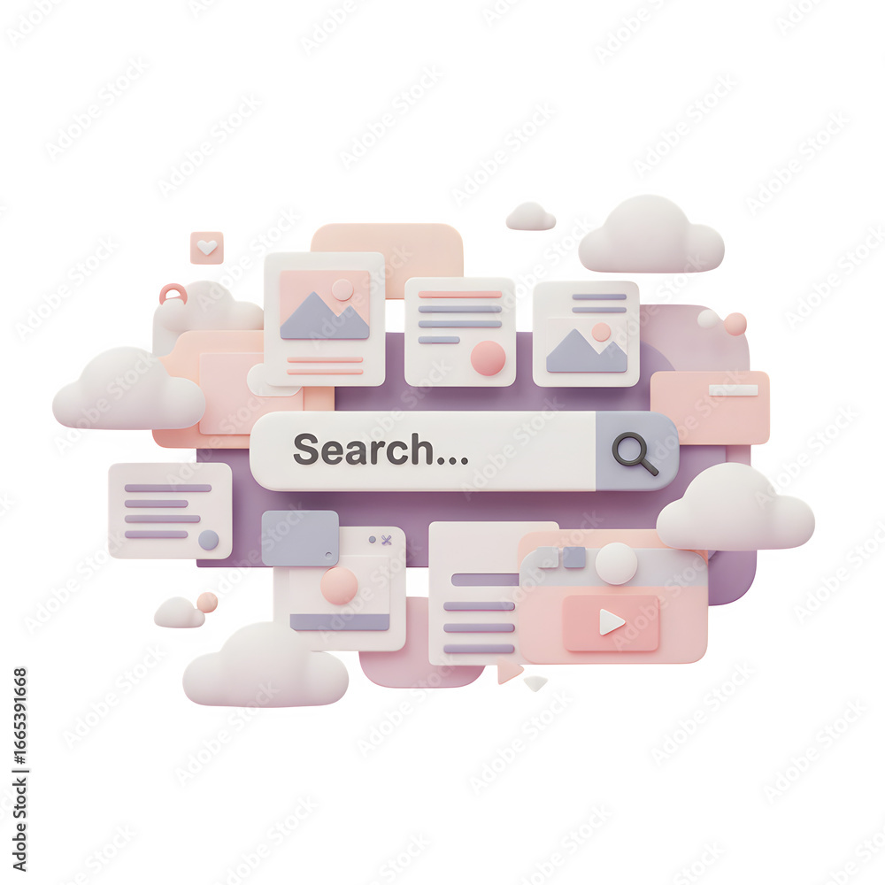 Poster 3d illustration of 3d search engine interface with clouds and content cards, representing online inf