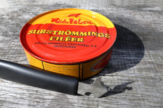 Sour herring tin with can opener. Called surstr&ouml;mming in Swedish. From R&ouml;da Ulven. Eat outside.  Stockholm, Sweden.