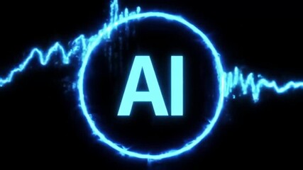 Glowing light blue "AI" centered in a hot pink ring, flanked by blurred, pulsing light blue waveforms against a black background - Powered by Adobe