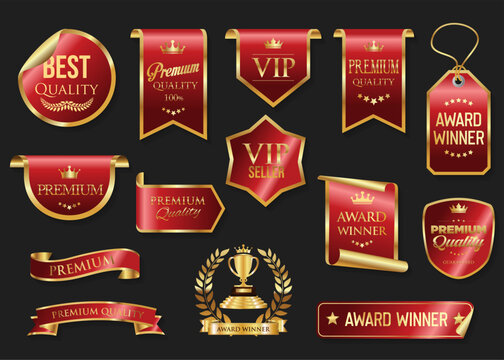 VIP, premium, high quality and award emblem red and gold isolated on gray background