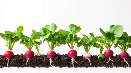 Row of vibrant radish plants with lush green leaves and red bulbs growing in dark fertile soil, isolated on white