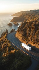Aerial view of semi-truck transporting goods along pacific coast highway at sunset
