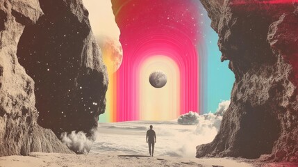 Surreal landscape featuring a man walking on a beach toward a vibrant, colorful portal with planets, stars, and rock formations