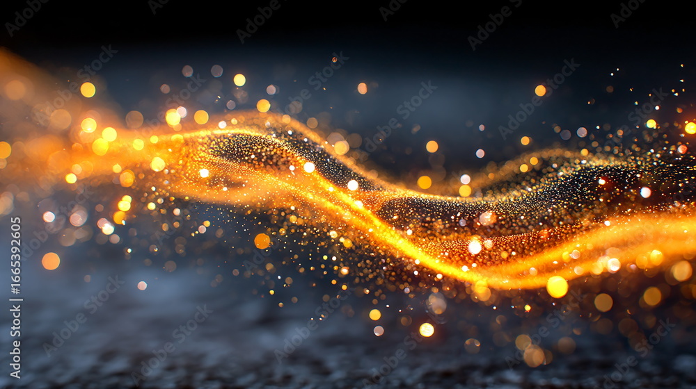 Poster abstract golden glowing wave of particles and sparkling bokeh on dark background. digital light trai