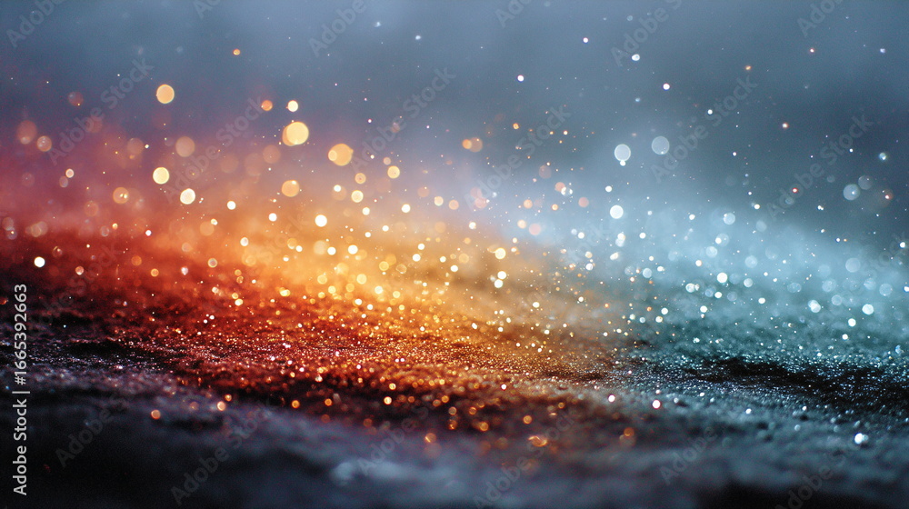 Aufkleber glowing bokeh lights abstract background with glimmering particles. warm orange and cool blue sparkl