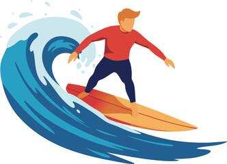 Surfer riding large blue wave on orange surfboard active water sports summer activity outdoors 