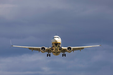 Front view of a Ryanair airplane landing on the runway
