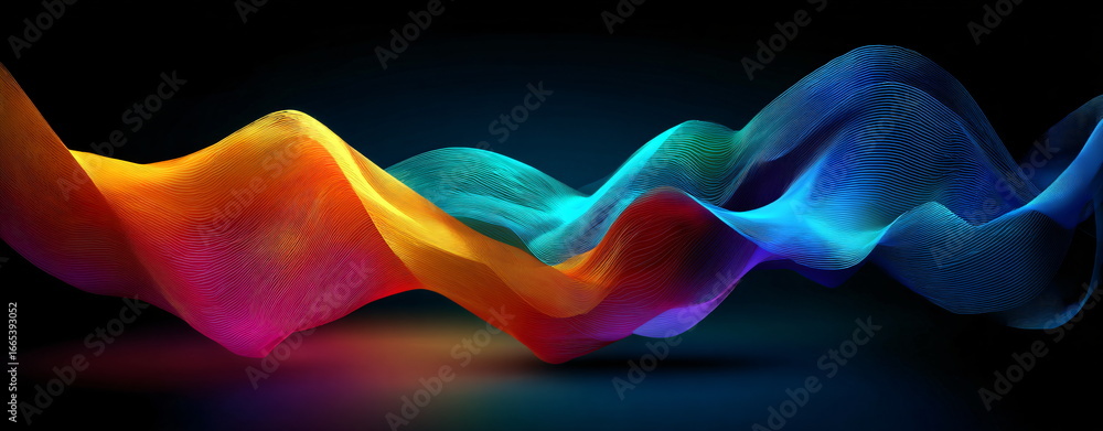 Poster abstract colorful frequency wave line on dark background. creative digital art for modern technology
