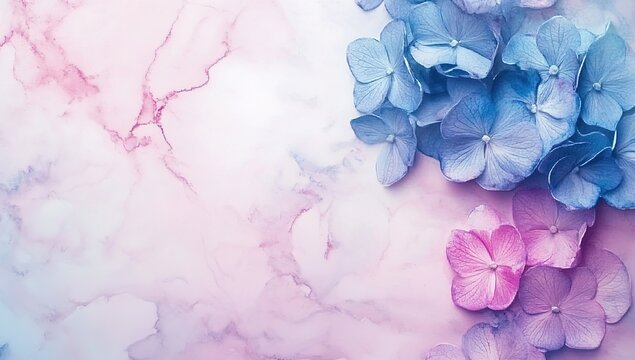 Abstract background with pastel watercolor purple and blue hydrangea flowers on white marble, pink color gradient, banner design.