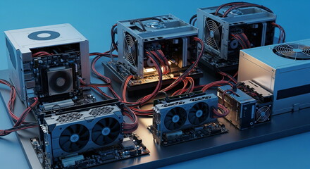 Cryptocurrency mining rig setup with multiple computer hardware components and cooling systems. Concept of blockchain technology and digital currency.