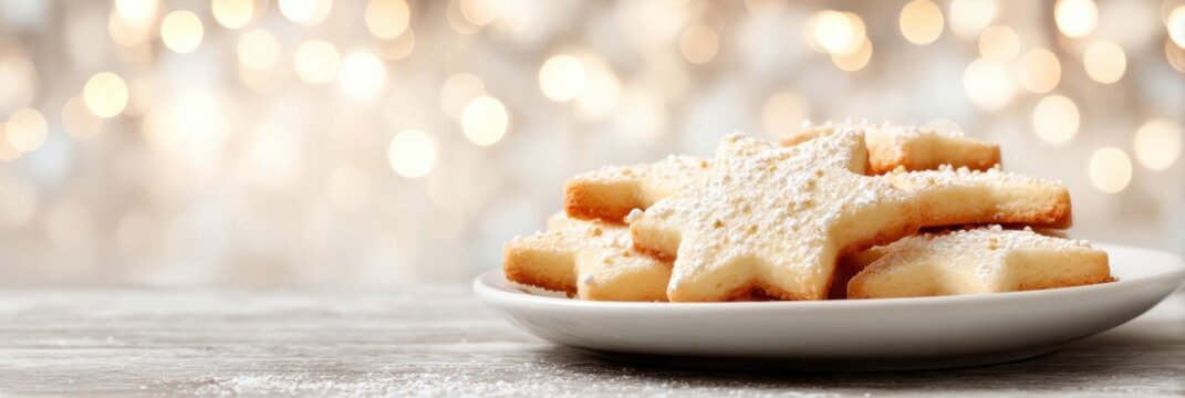 Star-shaped Cookies Dusted With Powdered Sugar Sit on a White Plate Against a Blurred Background of Festive Lights - Powered by Adobe