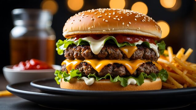 Delicious Double Cheeseburger with Fries and Condiments Served on a Black Plate a Tempting Fast Food Meal for Lunch or Dinner Perfect for Food Photography and Restaurant Menus