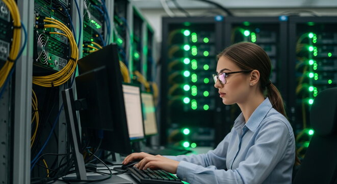 Woman data engineer working on desktop computer in server room. Young female IT specialist manages big data storage systems.