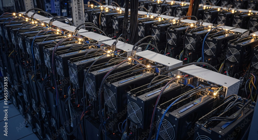 Poster rows of cryptocurrency mining rigs in a server room operating 24 7. digital finance concept for bloc