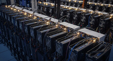 Rows of cryptocurrency mining rigs in a server room operating 24 7. Digital finance concept for blockchain, virtual currency, and data processing.