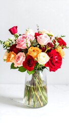 Fototapeta premium Vibrant bouquet of mixed roses in a clear vase