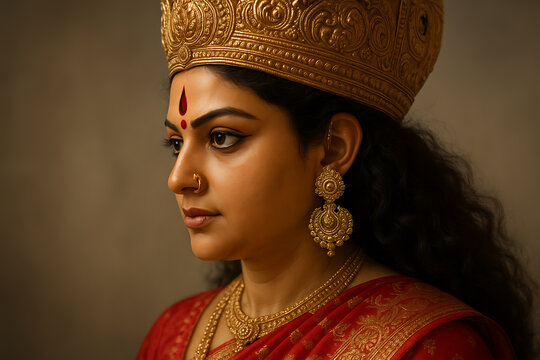 Side profile of goddess idol with ornate golden crown, jewelry and red saree expressing grace and devotion in tradition